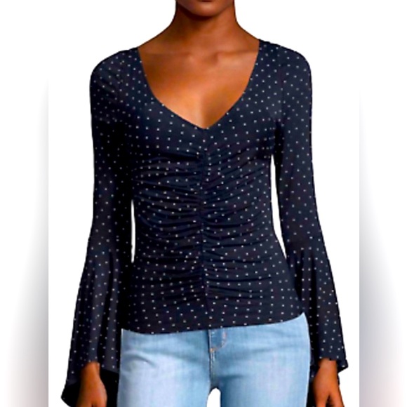 💫 FREE PEOPLE What A Babe Top Black with White Polka Dot Bell Sleeve Blouse NWT - Picture 4 of 15